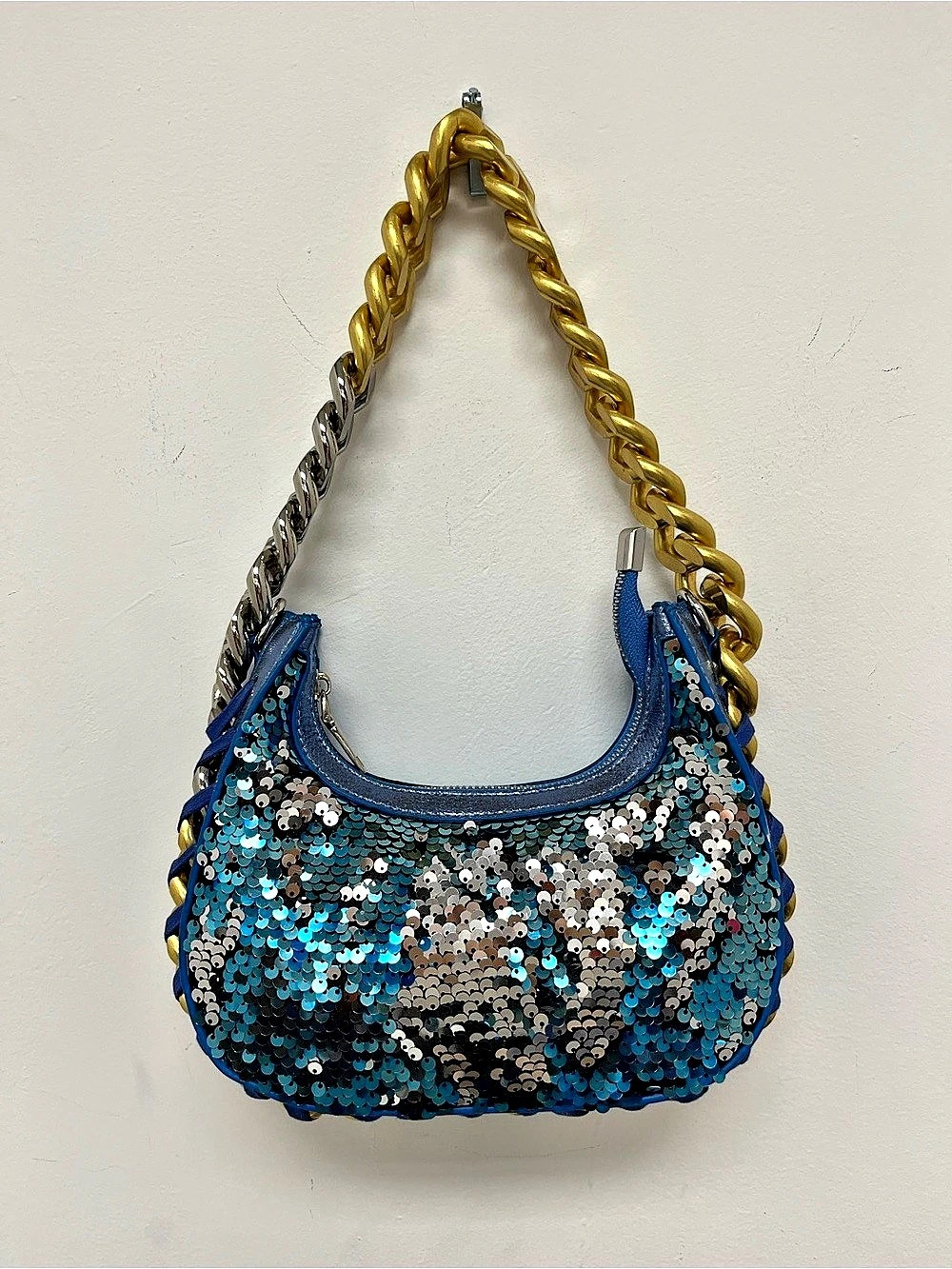 Small Chelsea Sequin Chain Hobo Bag Blue, Silver, & Gold